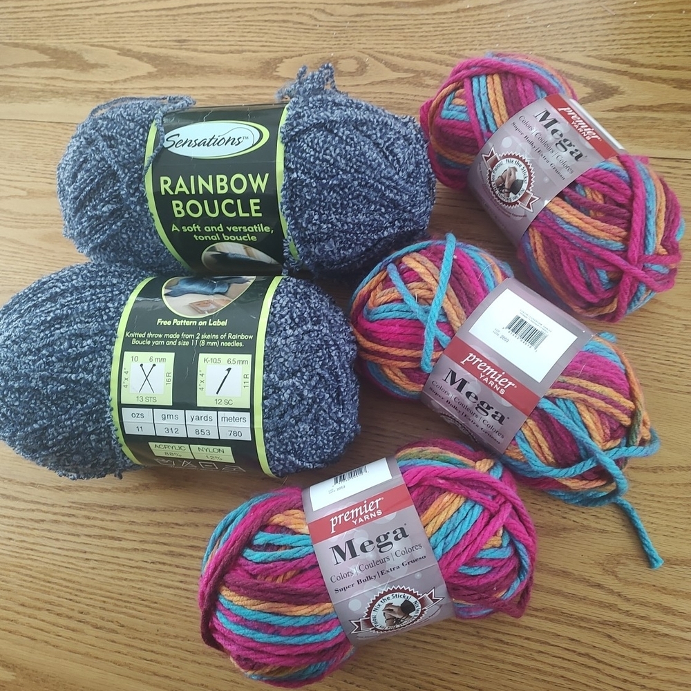 Sensations Rainbow Boucle and Premier Yarn Bundle lot of 5